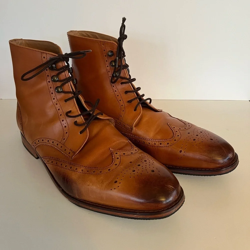3DM Lifestyle Men's Leather Wingtip Brogue Boot Tan, size 12